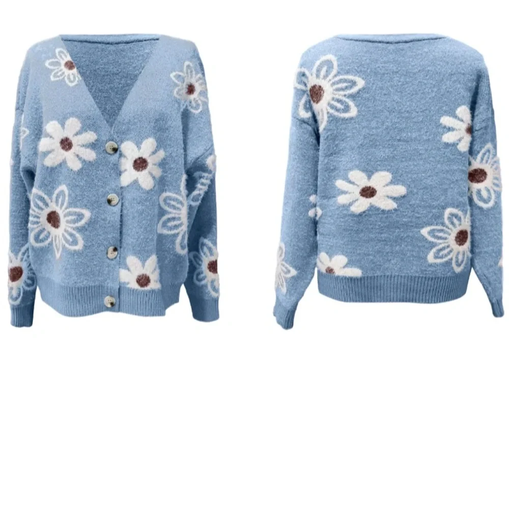 Bibifish floral print soft fuzzy knit button up cardigan sweater